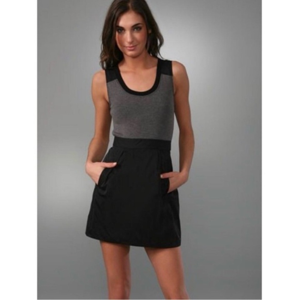 Theory Dristi Black Gray Sleeveless Dress Wool Blend Top Taffeta Bottom Sz 8